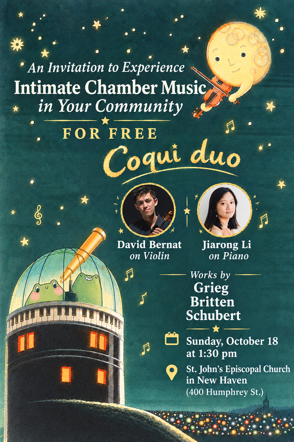 Coquí Duo concert poster: intimate chamber music for free, Sunday October 18 at 1:30 PM, St. John's Episcopal Church, New Haven